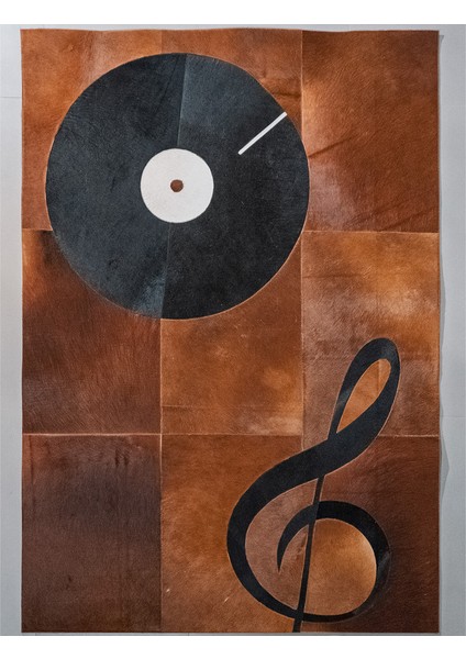 %100 Doğal Dana Derisi Kaymaz Taban Premium Patchwork Halı - Müzik Temalı Kahverengi Siyah modelleri