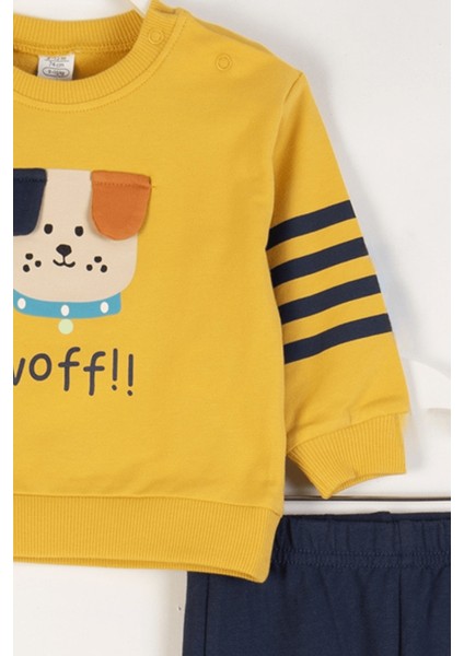 Köpek Desenli Sweatshirt ve Beli Lastikli Pantolon 2'li Alt-Üst Erkek Bebek Takım modelleri
