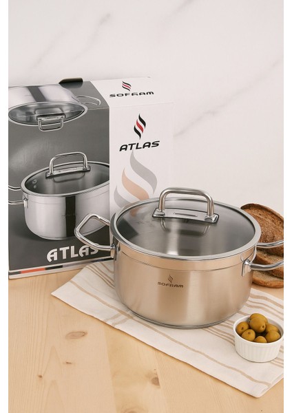 Atlas Serisi 24 cm Derin Tencere – 5.30 Litre, 18/10 Paslanmaz Çelik, Cam Kapaklı