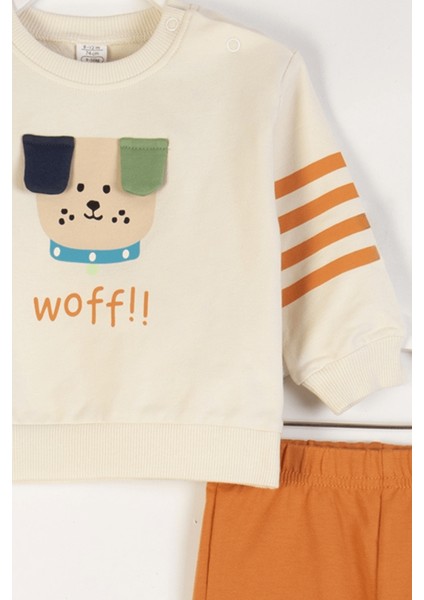 Köpek Desenli Sweatshirt ve Beli Lastikli Pantolon 2'li Alt-Üst Erkek Bebek Takım modelleri