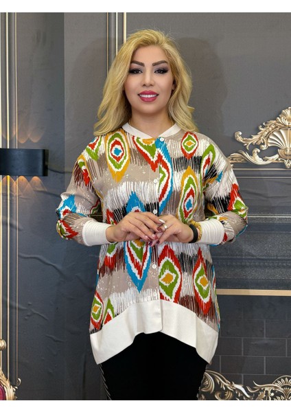 Bluz Renkli Desenli Uzun Kollu Günlük Pamuklu Düğmeli Kadın Tunik Yüksek Kalite Yazlik