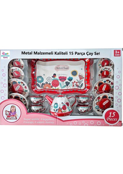 Oyuncak Metal Çay Evcilik ve Mutfak Seti 15 Parça Çay Bardak Tepsi Çaydanlık Tabak 44 Cm. Büyük Boy