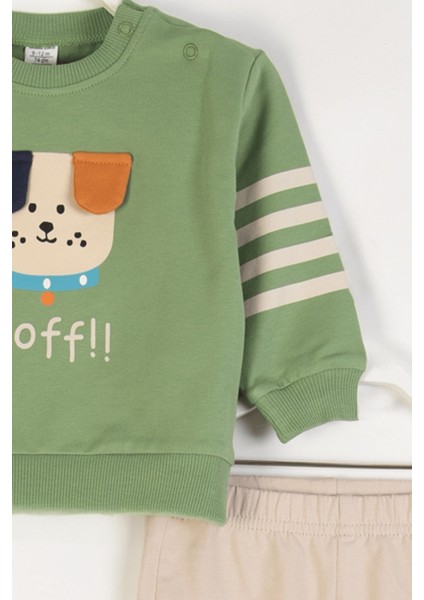 Köpek Desenli Sweatshirt ve Beli Lastikli Pantolon 2'li Alt-Üst Erkek Bebek Takım modelleri