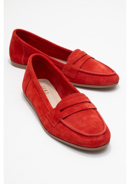 F02 Kırmızı Süet Hakiki Deri Kadın Loafer Ayakkabı