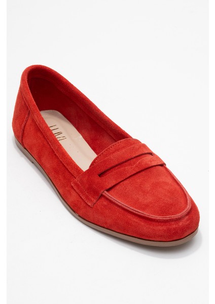F02 Kırmızı Süet Hakiki Deri Kadın Loafer Ayakkabı modelleri
