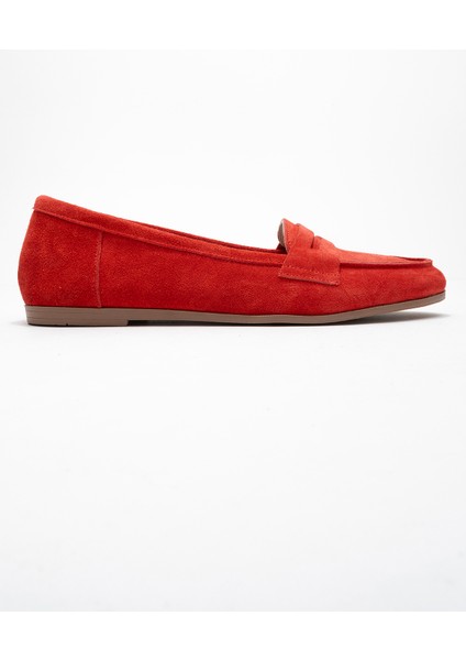 F02 Kırmızı Süet Hakiki Deri Kadın Loafer Ayakkabı