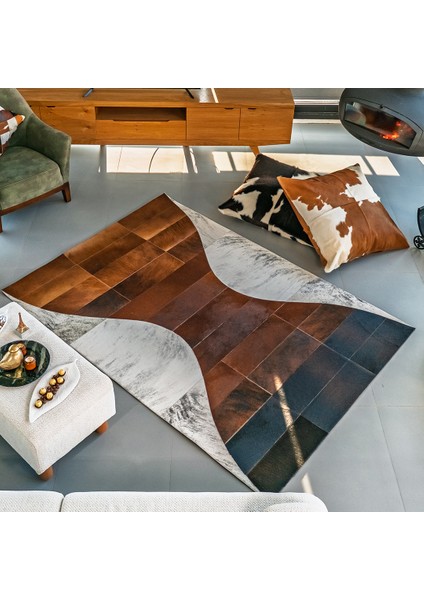 %100 Doğal Dana Derisi Kaymaz Taban Premium Patchwork Halı - Kum Saati Temalı Kahverengi Beyaz fiyatları