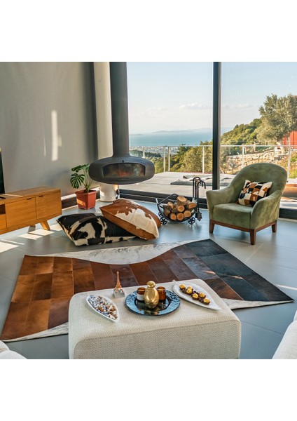 %100 Doğal Dana Derisi Kaymaz Taban Premium Patchwork Halı - Kum Saati Temalı Kahverengi Beyaz modelleri