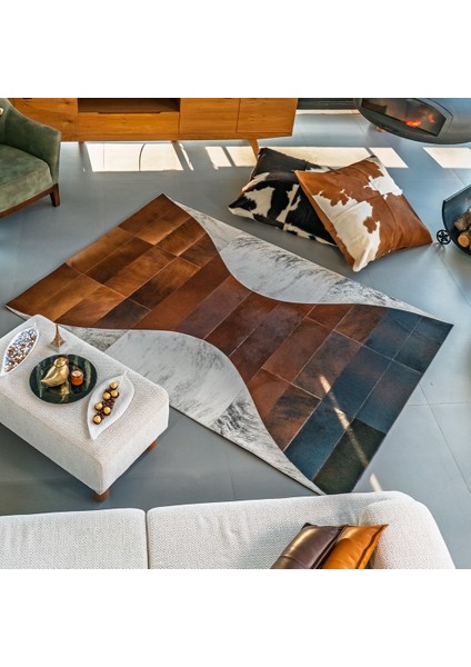 %100 Doğal Dana Derisi Kaymaz Taban Premium Patchwork Halı - Kum Saati Temalı Kahverengi Beyaz indirimleri