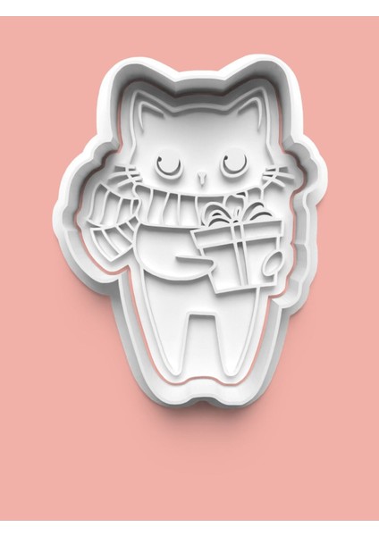 Hediye Taşıyan Kedicik Figürü Kurabiye Kalıbı ve Şeker Hamuru Kalıbı