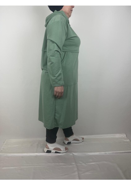 Kadın Mint Yeşili Robalı Yandan Iki Cepli Kapüşonlu Uzun Kollu Iki Iplik Tunik fiyatları