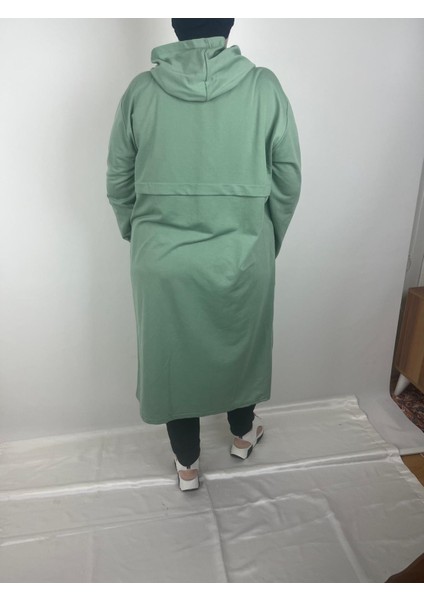 Kadın Mint Yeşili Robalı Yandan Iki Cepli Kapüşonlu Uzun Kollu Iki Iplik Tunik modelleri