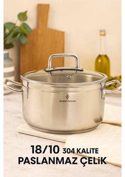 Atlas Serisi 22 cm Derin Tencere – 4 Litre, 18/10 Paslanmaz Çelik, Cam Kapaklı