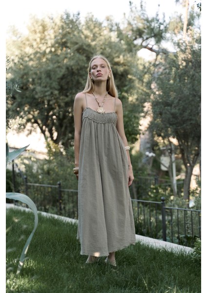 Torrora Uzun Haki Keten Elbise