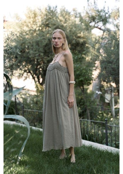 Torrora Uzun Haki Keten Elbise modelleri