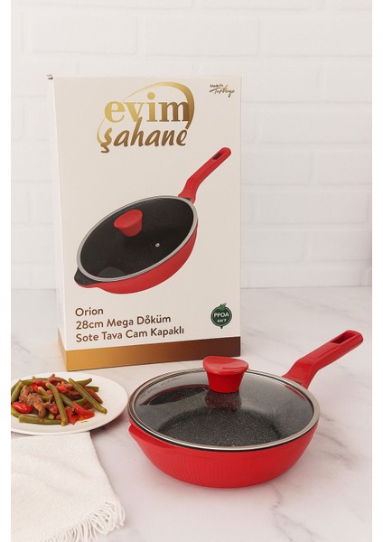 28 Cm Mega Döküm Sote Tavası – 3.5 Lt, Cam Kapaklı, Kırmızı Renk, Yanmaz Yapışmaz
