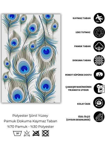 Mavi Tavuş Kuşu Tüyü Desenli Halı Dijital Baskılı Dokuma Kaymaz Tabanlı Yıkanabilir Antre Halısı indirimleri