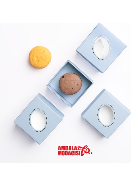 Makaron Kutusu ( 10 Adet ) Macarone Box Adet Gözlü Mavi ( 6,5x6,5x5 cm )