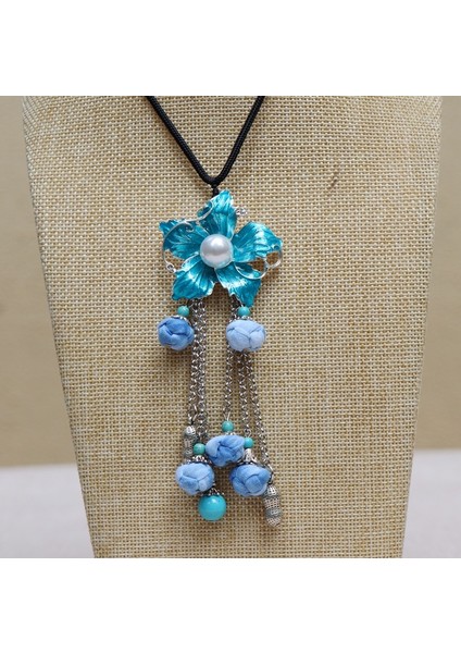 Batik Çiçek Kolye - Etnik Mavi Boya Vintage Edebi Takılar (Yurt Dışından)