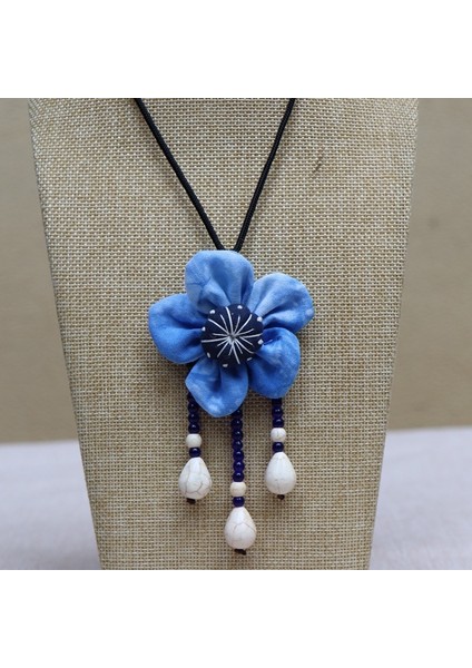 Batik Çiçek Kolye - Etnik Mavi Boya Vintage Edebi Takılar (Yurt Dışından)