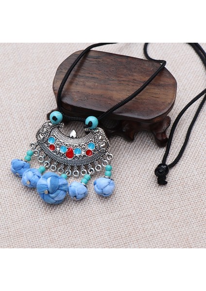 Batik Çiçek Kolye - Etnik Mavi Boya Vintage Edebi Takılar (Yurt Dışından)