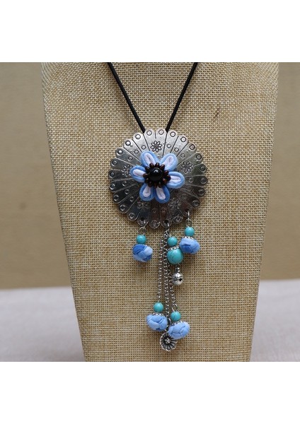 Batik Çiçek Kolye - Etnik Mavi Boya Vintage Edebi Takılar (Yurt Dışından)