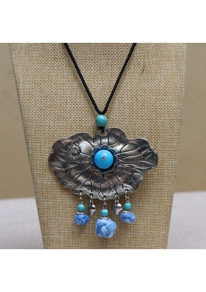 Batik Çiçek Kolye - Etnik Mavi Boya Vintage Edebi Takılar (Yurt Dışından)