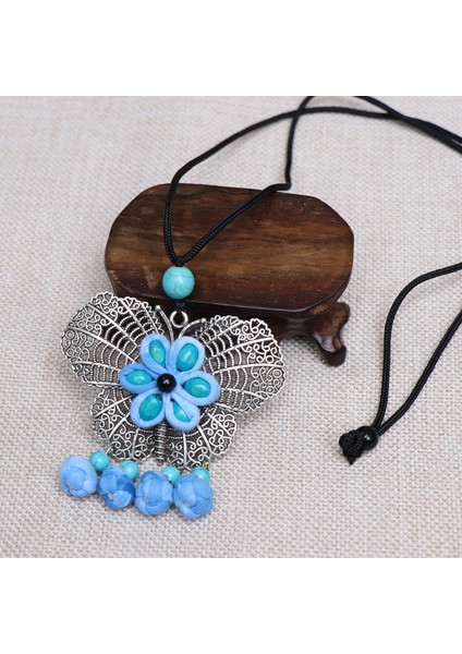 Batik Çiçek Kolye - Etnik Mavi Boya Vintage Edebi Takılar (Yurt Dışından)