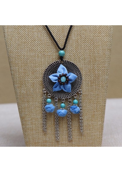 Batik Çiçek Kolye - Etnik Mavi Boya Vintage Edebi Takılar (Yurt Dışından)
