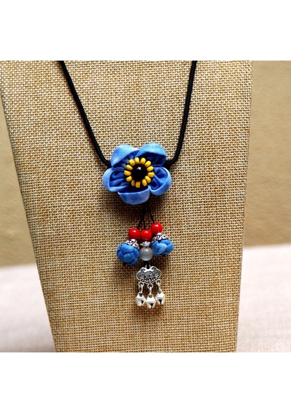 Batik Çiçek Kolye - Etnik Mavi Boya Vintage Edebi Takılar (Yurt Dışından)