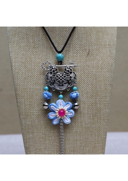 Batik Çiçek Kolye - Etnik Mavi Boya Vintage Edebi Takılar (Yurt Dışından)
