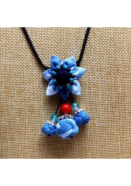 Batik Çiçek Kolye - Etnik Mavi Boya Vintage Edebi Takılar (Yurt Dışından)