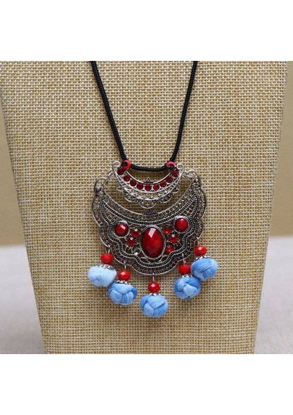 Batik Çiçek Kolye - Etnik Mavi Boya Vintage Edebi Takılar (Yurt Dışından)