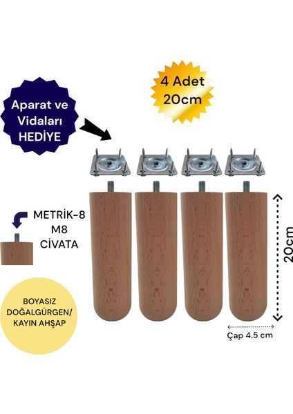 4'lü 20 cm Oval Ahşap Ayak Bohem Tarz Koltuk Ayağı Baza Ayağı Tv Ünitesi Ayağı 3301000000890