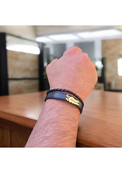 Fırat İsmine Özel Siyah Derili Türkiye Haritalı 14 Ayar Altın Plakalı Hediye Bileklik-449İsim fırsatları