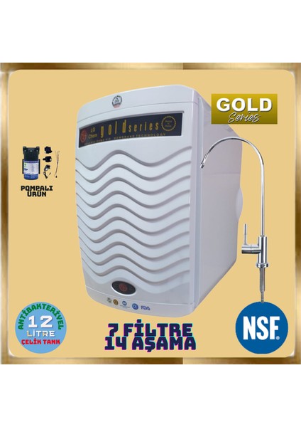 Ligth Gastro Gold Pompalı 12 Litre 7 Filtre 14 Aşama 90 Gpd Nano Lg Membranlı Gümüş Iyon Tatlandırıcılı Mineral ve Alkali Filtreli Su Arıtma Cihazı