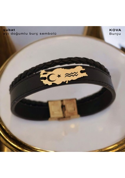 Şubat Ayı Doğumlarına 14 Ayar Altın Plakalı Siyah Derili Türkiye Haritalı Hediye Bileklik-449AY