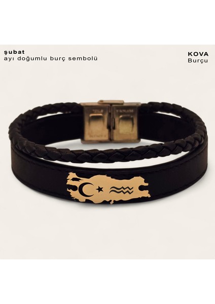 Şubat Ayı Doğumlarına 14 Ayar Altın Plakalı Siyah Derili Türkiye Haritalı Hediye Bileklik-449AY fiyatları