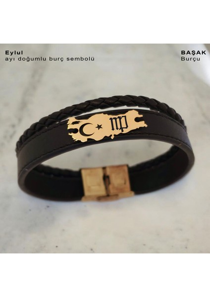 Eylül Ayı Doğumlarına Siyah Derili Türkiye Haritalı 14 Ayar Altın Plakalı Hediye Bileklik-449AY
