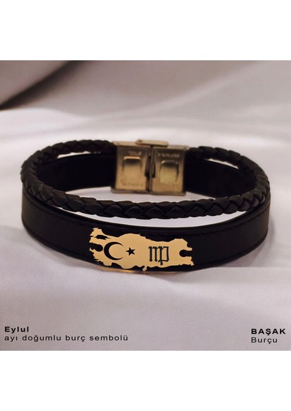 Eylül Ayı Doğumlarına Siyah Derili Türkiye Haritalı 14 Ayar Altın Plakalı Hediye Bileklik-449AY fiyatları