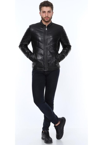 Hakiki Deri Siyah Blason Işlemeli Erkek Deri Ceket fiyatları