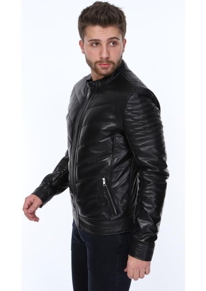 Hakiki Deri Siyah Blason Işlemeli Erkek Deri Ceket modelleri