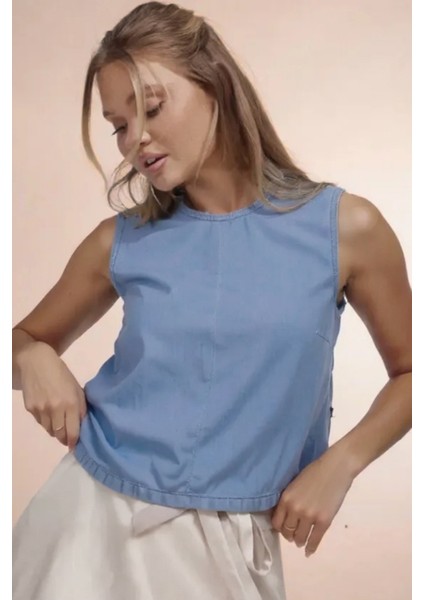 Cedy Denım - Kadın Yazlık Ince Kumaş Salaş Kesim Denim Crop
