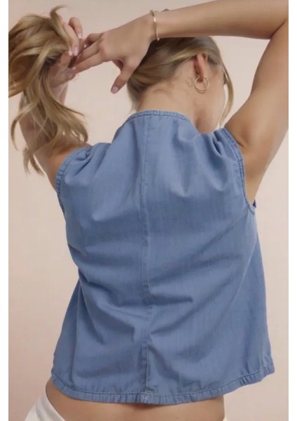 Cedy Denım - Kadın Yazlık Ince Kumaş Salaş Kesim Denim Crop