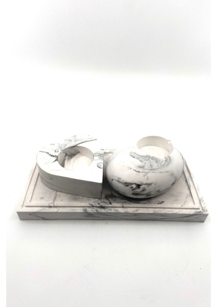 Üçlü Set Mermer Desenli Beton Tealight Mumluk ve Tepsi