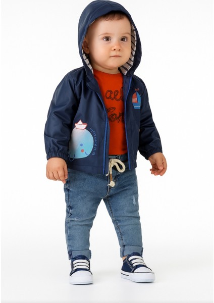 Erkek Bebek-Çocuk Fermuar Kapama Kapüşonlu Yağmurluk Uzun Kol Tshırt Kot Pantolon Üçlü Takım