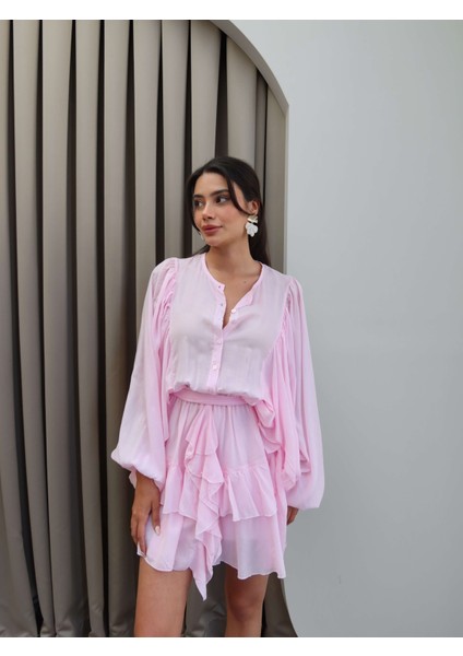 Kuşaklı Uzun Kol Fırfırlı Mini Elbise fiyatları