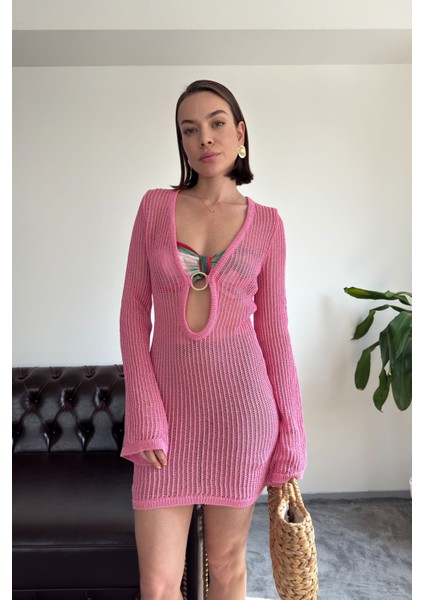 Ajurlu Göğüs Dekolteli Elbise- Pembe