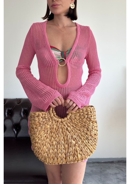 Ajurlu Göğüs Dekolteli Elbise- Pembe modelleri