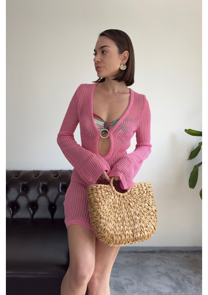 Ajurlu Göğüs Dekolteli Elbise- Pembe fırsatları